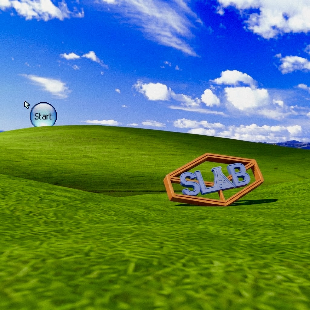 SLAB badge on a green hill under a blue sky