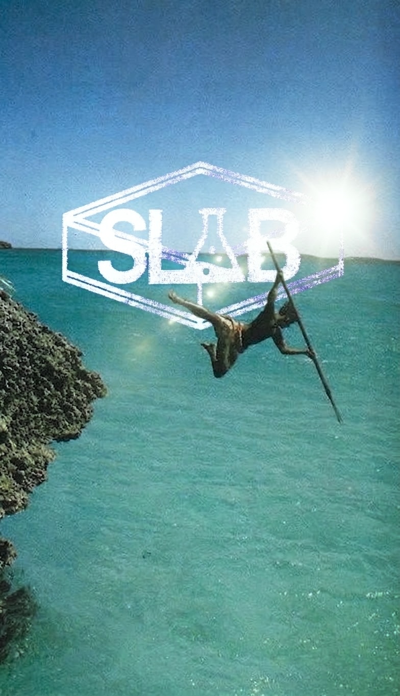 SLAB logo over a cliff diver above turquoise water