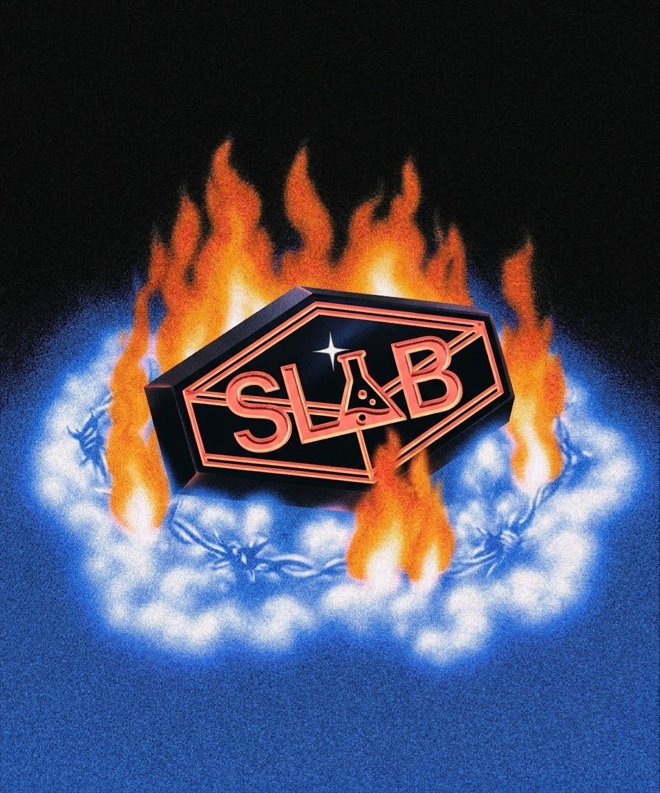 SLAB badge ringed in fire