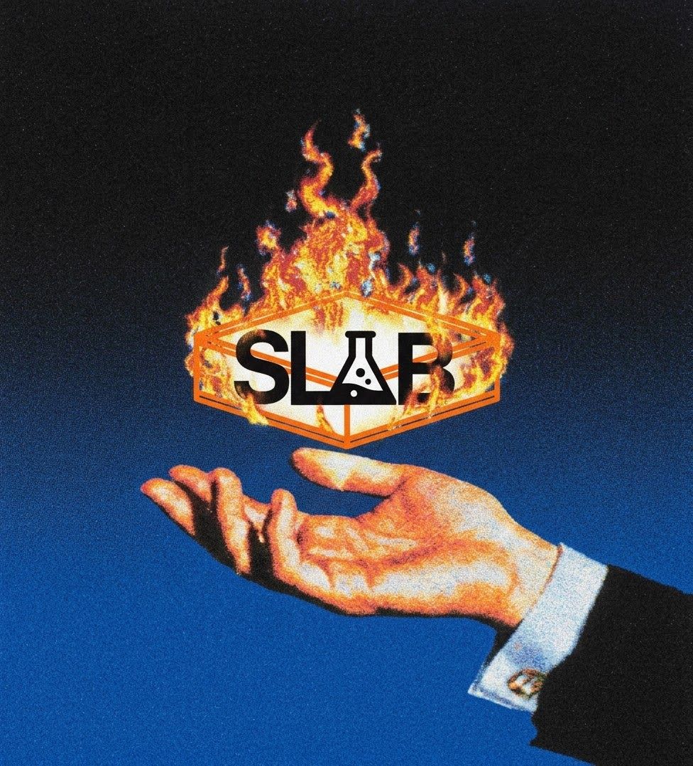 SLAB burning logo above open hand
