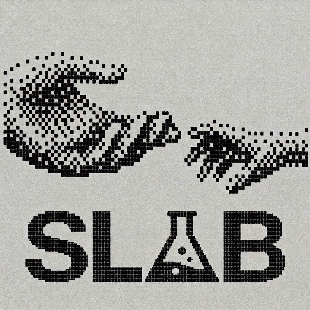 Pixelated reaching hands above the SLAB wordmark