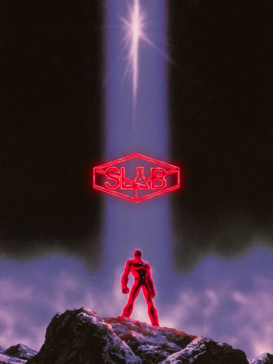 Red neon SLAB badge above a figure on a mountain peak
